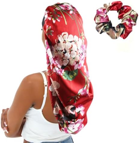 Extra Large Satin Bonnet Sleep Cap for Women, Double Layer Silky Hair Bonnet with Tie Band for Braids/Curly/Long Hair - Red Floral by senthair