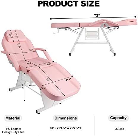 Facial Chair,73″ Tattoo Chair for Client,3-Section Adjustable Massage Table with Stool,Multipurpose Beauty Beds Salon Equipment for Esthetician,Tattooshop,Spa (Pink) - Image 3