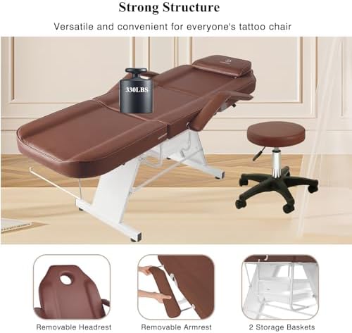 Facial Chair,73″ Tattoo Chair for Client,3-Section Adjustable Massage Table with Stool,Multipurpose Beauty Beds Salon Equipment for Esthetician,Tattooshop,Spa (Brown) - Image 5