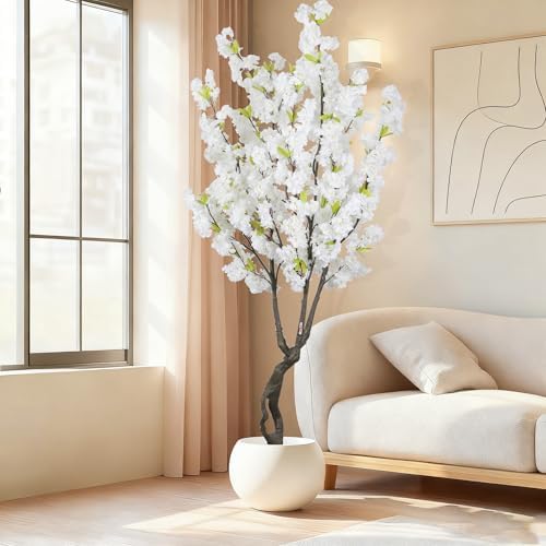 6.23ft Tall White Artificial Cherry Blossom Trees, Realistic Flower Faux Silk Leaves Plant, Fake Cherry Blossom Tree for Home Office Indoor Outdoor Party Wedding Christmas Decor by Celestdeco