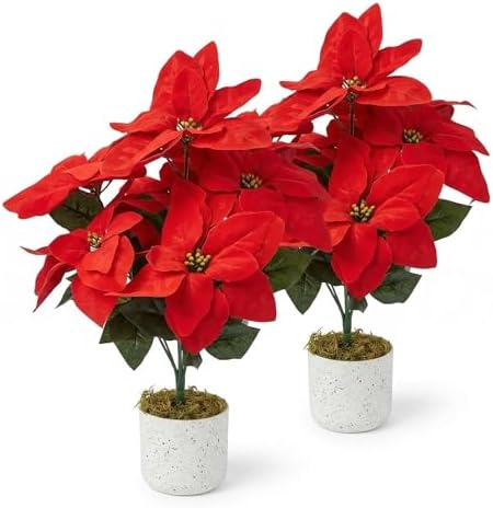 2 Pack Red Christmas Poinsettia Flowers in Pots, 18.9" Artificial Poinsettia Plants with Realistic Layered Petals, Speckled Pot and Moss Base for Holiday Indoor Decor, Table Centerpiece, Porch by Garvee