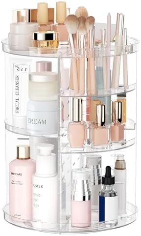 Rotating Makeup Organizer, DIY 8 Adjustable Layers Spinning Skincare Storage, Cosmetic Display Case with Brush Holder and Perfume Tray, Multi-Function Vanity Bathroom Countertop Organizer Clear by Jiavarry