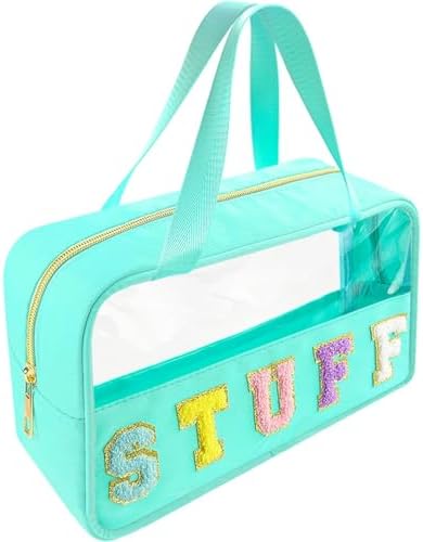 Bunliuys Chenille Letter Clear Makeup Bag Stuff Patch, Travel Toiletry Makeup Bag with Handle, Nylon Waterproof Makeup Bags clear cosmetic bag, preppy patch makeup bag for Women (STUFF-Mint Green) by Bunliuys