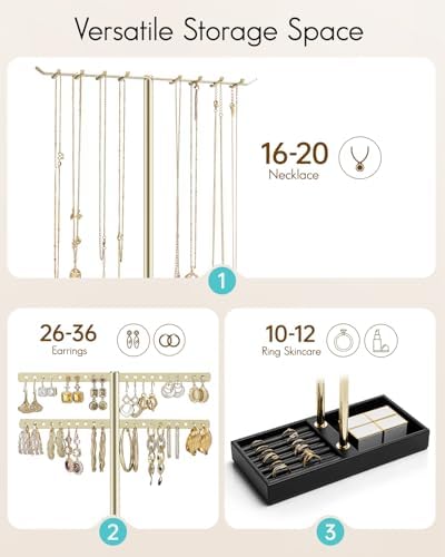 VLANDO 2 Tier Jewelry Stand Organizer with Tary, Leather Jewelry Holder Display for Women, Gold Jewlery Holder Stand for Necklace, Earring, Bracelet, Rings - Black - Image 3
