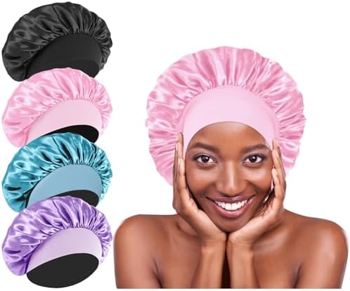 4Pcs Silk Satin Hair Bonnets for Sleeping - Elastic Wide Band Satin Hair Wrap for Sleeping Black Women Men,Silk Bonnets for Curly Hair(Black & Pink & Blue & Purple) by Unknown