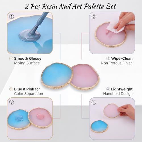 Resin Nail Art Palette 2 Pcs Blue Pink Mixing Tray for Gel Polish Acrylic Pigment Watercolor Foundation Reusable Smooth Nail Color Plate for Manicure DIY Salon Art - Image 3