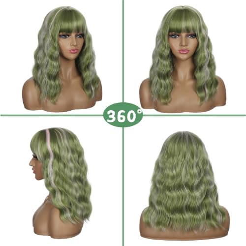 Sebast Pastel Bob Wigs with Bangs for Women Loose Wavy Wig Pastel Wavy Shoulder Length Bob Synthetic Cosplay Wig for Girl Colorful Costume Wigs (Sage Green pink Highlight) - Image 5