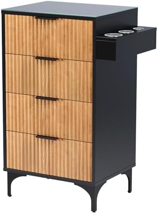 OmySalon Salon Station, Barber Station for Hair Stylist, Storage Cabinet with Glass Top & Drawers & Heat Resistant Dryer Holders, Modern Retro Style for Beauty Salon, Wood Black by OmySalon