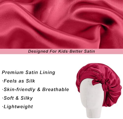 3 Pcs Kids Silk Bonnet for Sleeping-Baby Kids Satin Hair Bonnet for Curly Hair Girls Boys with Wide Elastic Band,Sleeping Cap for Teens Toddler (Wine Red+Black+Blush Pink) - Image 7