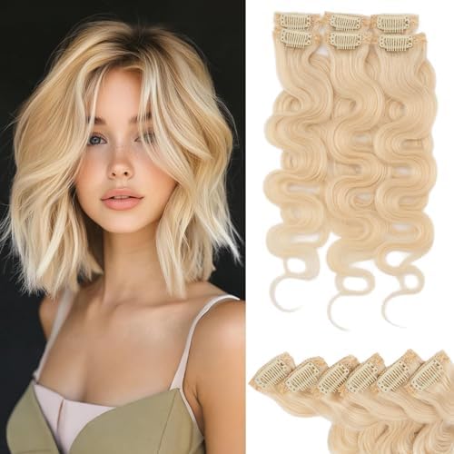 Rich Choices Short Clip In Hair Extension Real Human Hair-Wave/Curled 6 Pcs Single Clip Hairs Extension for Women-100% Remy Hairs Mini Clip ins Hairpieces for Thin Hairs-14 Inches #60 Platinum Blonde by RichChoices