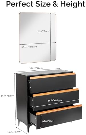 OmySalon Salon Station for Hair Stylists, Barber Free Standing Styling Cabinet with 3 Drawers, Square Mirror & Hair Dryer Holders, Modern Black Gold Beauty Dresser for Salon, Spa, Home - Image 5