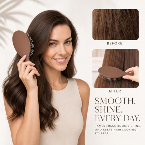 Boar Bristles Hair Brush for Women and Men, Detangling Hair Brush for Smoothing Massage Add Shine, Nylon&Boar Bristles Detangler brush for Hair Healthy (1 Pack-Mocha) - Image 6