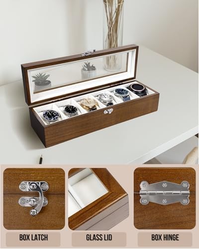 Watch Box, Watch Case for Men Women with Large Glass Lid, Wooden Watch Display Storage Box with 6 - Slots, Rustic Brown Mens Watch Box Organizer - Image 3