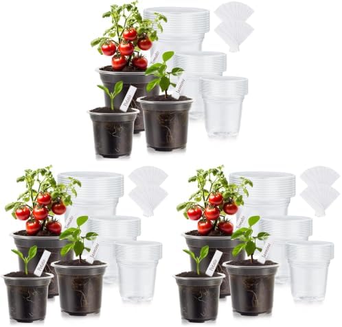 90 Pack Clear Nursery Plant Pots, 3.5/4/5 In with Drainage Holes, 20 Labels by WandaQueen