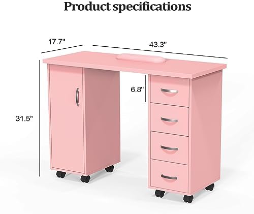 LEADZM Nail Desk for Nail Tech with Storage Cabinet, Locking Wheels & Arm Rest, Mobile Manicure Table for Technician, Nail Station for Home Studio/Spa/Salon, 43.3" L x 31.5" H x 17.7" W (Pink) - Image 7