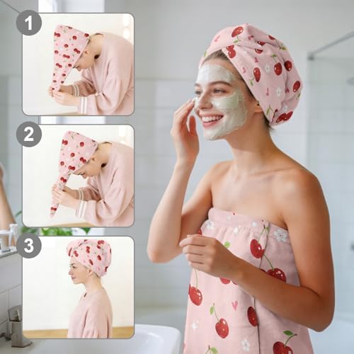 Absorbent Bath Towel Wrap Set (32 X 60 in), Pink Cherry Towel Wrap - Image 6