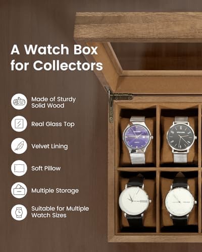 Uten Wooden Watch Case 10 Slot, Watch Jewelry Display Box with Glass Lid - Image 5