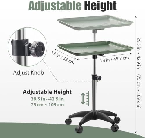 Salon Tray On Wheels Tattoo Tray Rolling Trolley Adjustable Height Storage Utility Cart for Clinic Spa Rolling Tray (Black) (Green) - Image 2