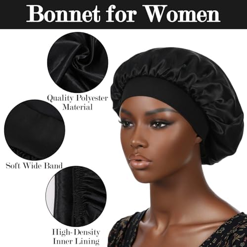 12 Pcs Silk Bonnet for Women Curly Hair Satin Bonnet Hair Wrap for Sleeping Cap with Tie Band Soft and Breathable (Black) - Image 3