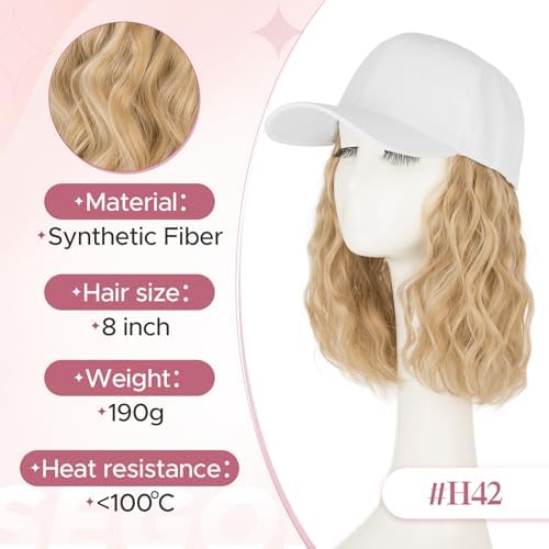 SEGO Baseball Cap with Hair Extensions for Women Synthetic Hair Attached Long Curly Hairpiece White Baseball Cap Wig Adjustable Hat Wigs for Women 8 Inch 24P613 Neutral Blonde Mix Bleach Blonde - Image 5