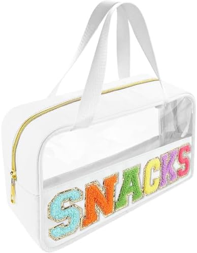 Bunliuys Chenille Letter Clear Makeup Bag Travel Patch, Travel Toiletry Makeup Bag with Handle, Nylon Waterproof Makeup Bags clear cosmetic bag, preppy patch makeup bag for Women (SNACKS-White) by Bunliuys