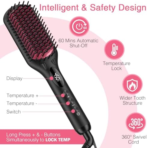 Enhanced Ceramic Hair Straightener Brush by MiroPure, 2-in-1 Ionic Straightening Brush with Anti-Scald Feature, Auto Temperature Lock & Auto-Off Function (Black) - Image 2