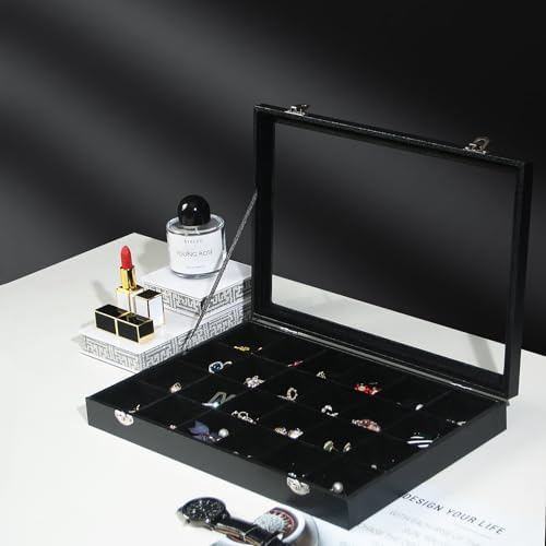Coward Jewelry Organizer Box, Black Velvet 24 Grids Ring Earring Jewelry Display Tray Case with Transparent Glass Lid for Home Drawer or Shop Selling - Image 3