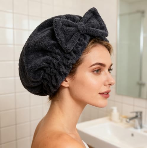 HOPESHINE Microfiber Hair Towel Cap for Women Wet Short or Long Curly Hair Super Absorbent Turbans Anti Frizz Great Gift for Women and Girls (Black+Grey, 2) - Image 3