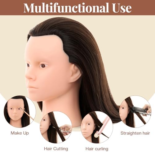 28Inch 80% Real Hair Mannequin Head - Cosmetology Mannequin Head with Hair for Makeup Braiding Makeup Curling Cuting, Make up Doll Head for Styling with Table Clamp hair Styling Set (Dark Brown) - Image 3