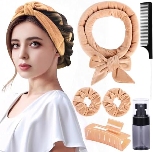 Heatless Velvet Hair Curlers to Sleep in Heatless Curls Overnight for Long Hair, No Heat Curling Rod Headband for Women All Hair Types -6 Pieces Set (Khaki) by fallsea