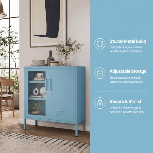 29.5" Wide Blue Metal Storage Cabinet with Lock and Ventilated Doors, 2 Adjustable Shelves, Heavy Duty Home Metal Accent Locker for Kitchen Office Living Room Hallway - Image 3