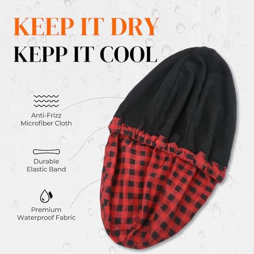 Shower Cap for Men Red Plaid Bath Cap, Reversible Large Waterproof Adjustable Shower Caps Terry Lining & Elastic Band Stretch Hem Hair Hat - Image 2