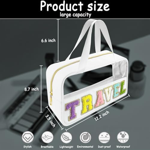 Bunliuys Chenille Letter Clear Makeup Bag Travel Patch, Travel Toiletry Makeup Bag with Handle, Nylon Waterproof Makeup Bags clear cosmetic bag, preppy patch makeup bag for Women (TRAVEL-White) - Image 2