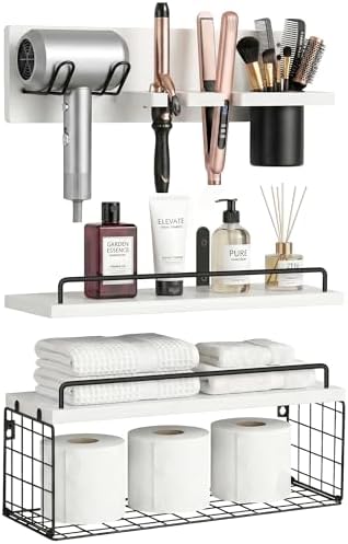 3-Tier Bathroom Floating Shelves with Hair Dryer Holder, White by GODDGITT