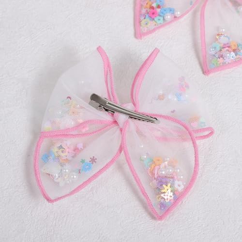 Pink Floral Hair Bow for Girls 4" Flower Mesh Ribbon Fable Bow Hair Clips - Image 5