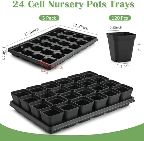 RooTrimmer 5 Pack 24 Cell Nursery Pots Trays with 2.8 inch (7CM) Square Nursery Pots 120pcs (Black), Plastic Seed Starter Tray with Drain Holes for Carrying and Holding Plant Pot(17"x11"x1.6") - Image 2
