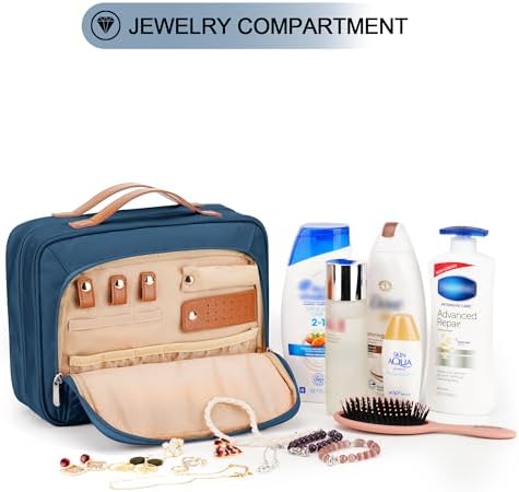 Travel Hanging Toiletry Bag for Women, with Jewelry Organizer Compartment, Medium Waterproof Hanging Makeup Accessories, Cosmetic Essentials, Toiletries Dopp Kit Set with Trolley Belt, Navy Blue - Image 3