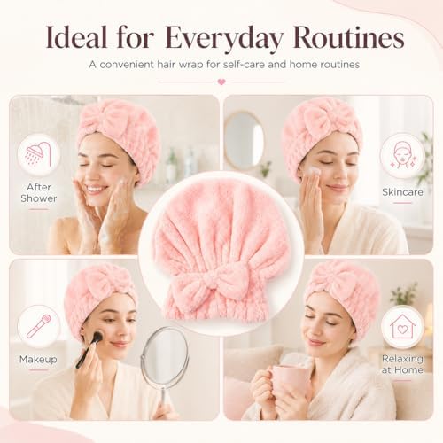 Coral Velvet Cute Bow Bath Cap for Women, Ultra Soft Absorbent Hair Drying Cap, Quick Dry Hair Towel Wrap, Towel Turban for Wet Hair, Curly, Long & Thick Hair (3, Beige) - Image 3