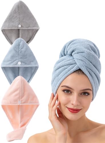 Lumimi Microfiber Hair Towel Wrap 3 Pack for Women, Blue+Pink+Light Grey by Lumimi