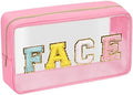 Iqimott Clear Patch Makeup Bag Face Pouch, Preppy Personalized Chenille Letter Cosmetic Pouch for Travel, Nylon Waterproof Organizer Travel Essentials Zipper Toiletry Bags for Women Girls(Pink) by Iqimott