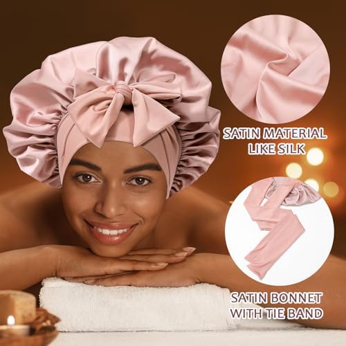 AWAYTR Wide Band Satin Bonnet, Tie-Band Sleep Cap for Curly Hair Women - Image 2