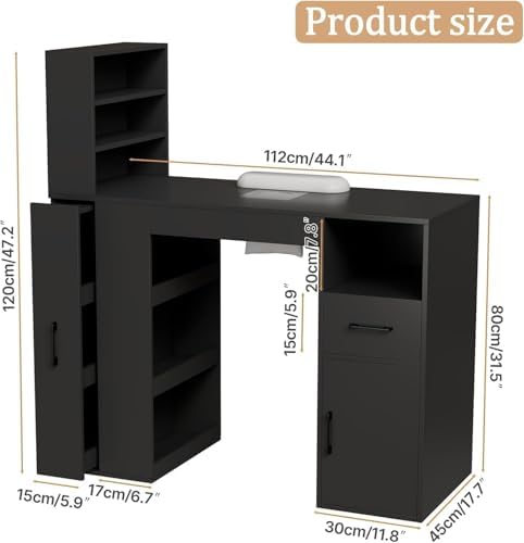 Professional Nail Desk for Nail Tech with Storage Cabinet and Fan – Modern Nail Table for Salon, Nail Tech Table with Drawer, Armrest & Dust Collector,Manicure Table Nail Desk (Black) - Image 2