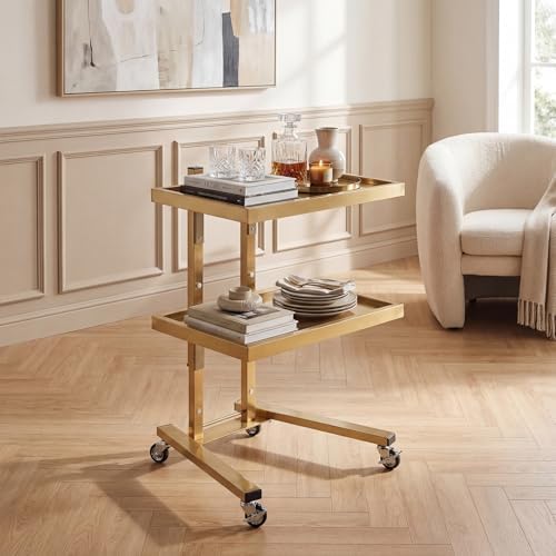 2-Tier Metal Rolling Cart – 34-Inch Folding Stainless Steel Salon Tray on Wheels, Utility Storage Trolley for Estheticians, Salon Studios and Shops, Dental Tools, Gold - Image 2