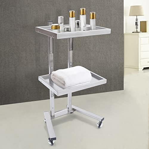 2 Tier Metal Rolling Cart, Folding Salon Tray Trolley, Mobile Storage Tray Cart with Wheels, Rolling Tray Salon Trolley Beauty Hair LashMayo Stand (Silver) - Image 3