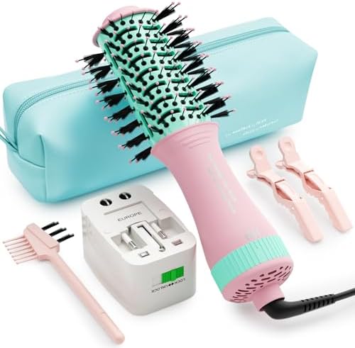 Dual Voltage Travel Dryer Styler in One, 2 Inch Oval Jet Brush for Worldwide Use, 110-240V European Hair Dryer & Volumizer with Universal Adapter by Olaermoso
