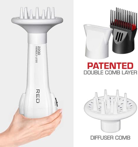 Red by Kiss Handle-Less Ceramic Tourmaline Hair Dryer, 1875W Ergonomic Grip, White, Includes 3 Attachments, For Detangling, Straightening, and Frizz-Free Shine - Image 4