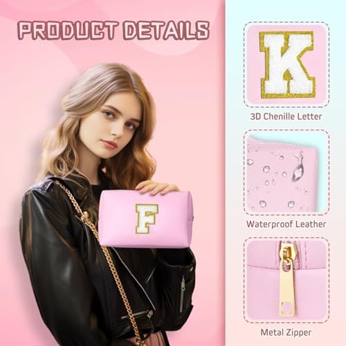 TOPEAST Preppy Small Makeup Bag, Chenille Letter Pouch Cosmetic Bag With Zipper, PU Leather Waterproof Toiletry Bag, Personalized Birthday Gift for Women, Cute Stuff for Girls (Pink D) - Image 5