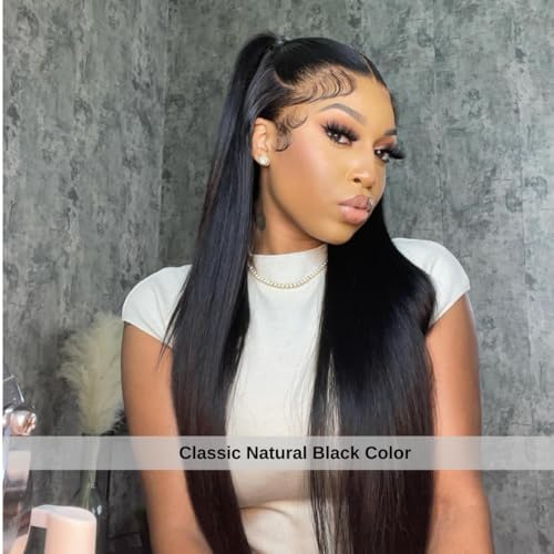 ALHER Small Cap Lace Front Wigs Human Hair Pre Plucked Straight 30 Inch, 13X4 Transparent Lace Frontal Wigs With Baby Hair 200% Density for Black Women, 12A Small Cap Size 21-21.5 Natural Black Wig - Image 2