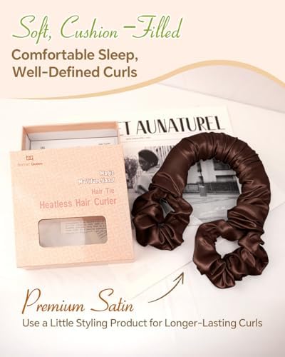 BONNET QUEEN Large Satin Heatless Hair Curler for Long Thick Hair, All-in-One Overnight Curling Rod, Heatless Curls Bun with Built-in Scrunchies, Day-to-Night Styling for Sleep, Travel & Gym, Brown - Image 6