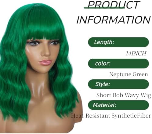 Sebast Pastel Bob Wigs with Bangs for Women Loose Wavy Wig Pastel Wavy Shoulder Length Bob Synthetic Cosplay Wig for Girl Colorful Costume Wigs (Neptune Green) - Image 2